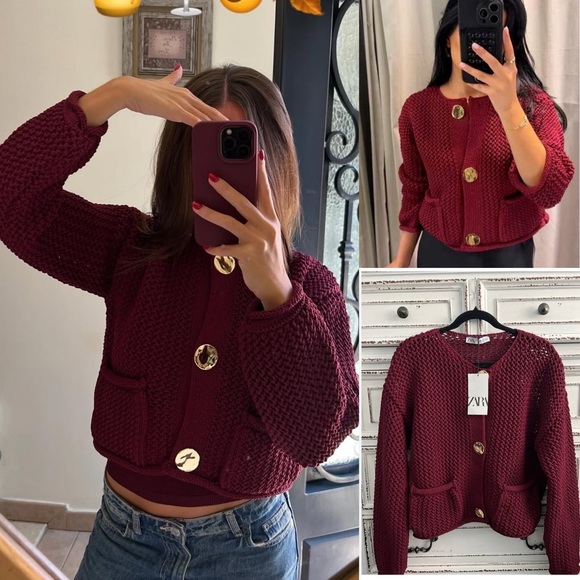 Zara chunky knit gold button dark red burgundy maroon sweater cardigan - Picture 1 of 12